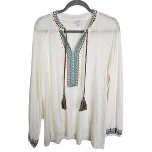 Sundance Womens Embroidered 100% Linen Tunic Sz M Tasseled Boho Hippie Festival